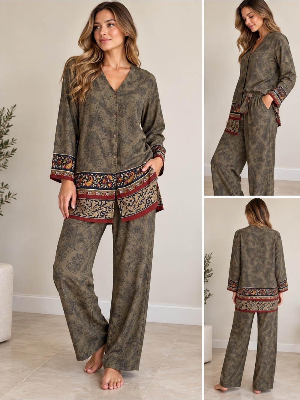 Annie Alexander 100% Silk Paisley Pajama Lounge Set Olive Green Size M